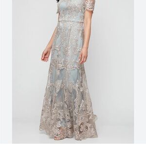Alex Evenings Lace Overlay Maxi Dress in Cream and Blue